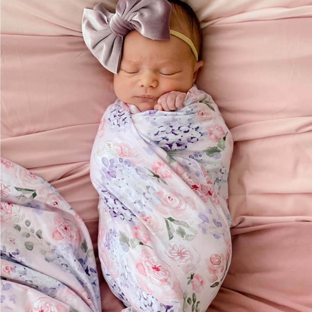 Caden Lane Henlee's Hydrangea Oversized Swaddle Blanket + cream velvet bow